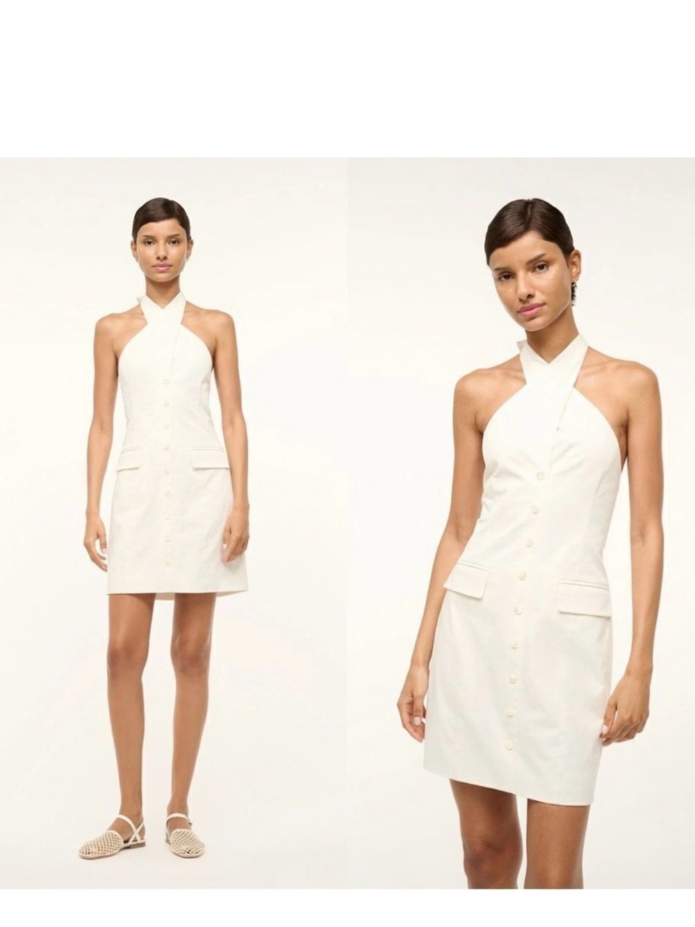 STAUD Cream Halter Button-Front Mini Dress